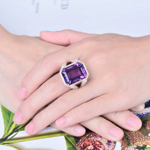 Elegant Emerald Cut Amethyst Ring 14Kt Rose Gold with Diamonds