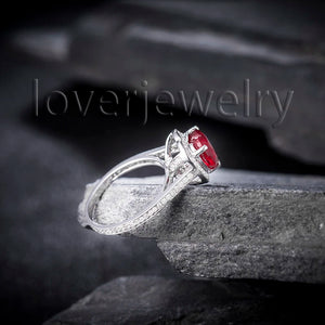 Genuine 8x8mm Heart Ruby Ring 14K White Gold Diamond