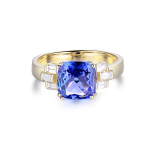 14K Yellow Gold Tanzanite & Diamond Cushion Ring – 8x8mm Engagement Jewelry for Women