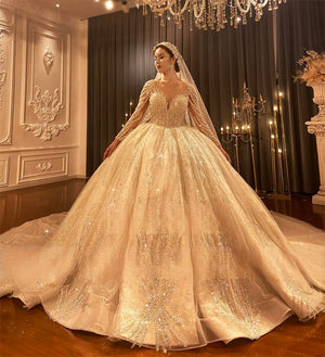 Dubai Style Royal Train Ball Gown Wedding Dress with Long Sleeves