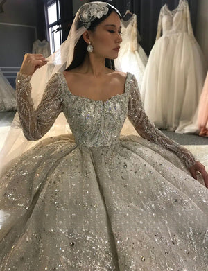 Customized Dubai Princess Luxury Beaded Long Sleeve Wedding Dress