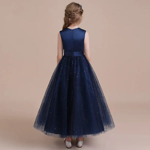 Navy Satin Tulle Long Formal Party Gown Glitter Flower Girl Dress Birthday Party Dress