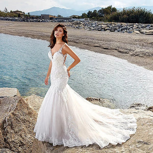 V-neck Mermaid Wedding Dress with Spaghetti Straps, Cut-out Back, and Ivory Tulle