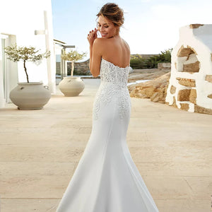 Elegant Off-Shoulder White Satin Mermaid Wedding Dress with Beading and Appliques