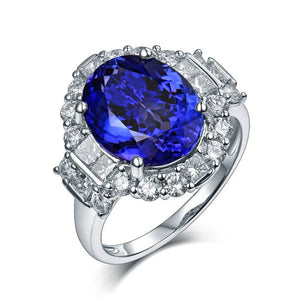 100% Natural Blue Tanzanite Oval Cut 18Kt White Gold Ring with Diamonds