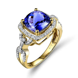 Vintage 14Kt Yellow Gold Cushion Cut Tanzanite & Diamond Wedding Ring