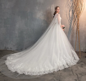 Long Cap Lace Wedding Gown With Long Train Embroidery Princess Plus Size Bridal Dress