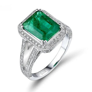 18Kt White Gold Emerald Cut Diamond Emerald Ring 8x10mm Green Gemstone for Women