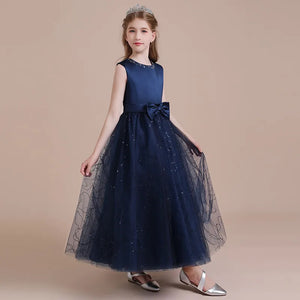 Navy Satin Tulle Long Formal Party Gown Glitter Flower Girl Dress Birthday Party Dress