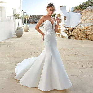 Elegant Off-Shoulder White Satin Mermaid Wedding Dress with Beading and Appliques