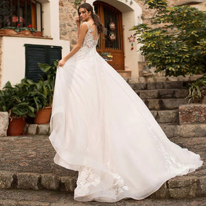 Off the Shoulder Appliques Tulle A-Line Wedding Dress with Illusion Back Luxury Robe De Mariee