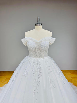 New Arrival Off Shoulder Ball Gown Wedding Dress with Beading Pearls Lace Up Back