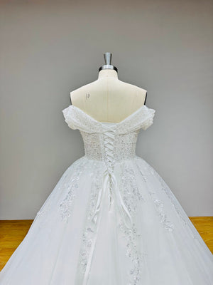 New Arrival Off Shoulder Ball Gown Wedding Dress with Beading Pearls Lace Up Back