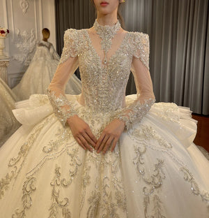 Elegant V-Neck Long Sleeve Ball Gown Wedding Dress with Ruffles