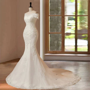 Customized Elegant Hand Beaded Mermaid Wedding Dress with Short Sleeves