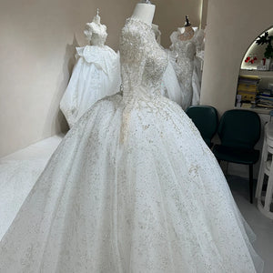 Luxury Lace Organza Ball Gown Beaded Backless Wedding Dress Long Sleeve