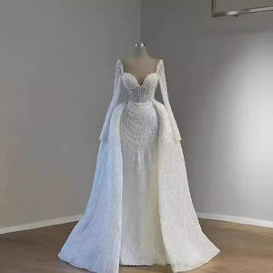 Luxury White Pearl Mermaid Wedding Dress Sweetheart Long Sleeve Detachable Train