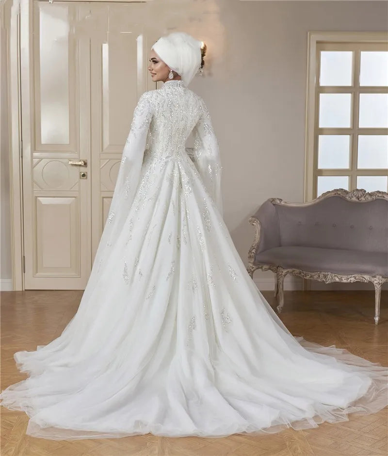 Elegant White Tulle High Neck Long Sleeve Wedding Ball Gown Embroidere -  Elsi John