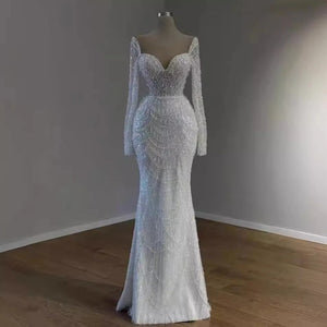 Luxury White Pearl Mermaid Wedding Dress Sweetheart Long Sleeve Detachable Train