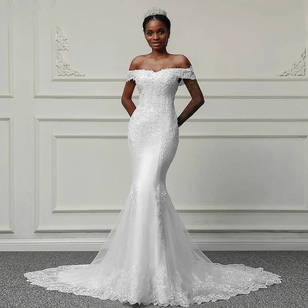 New Boat Neck Mermaid Wedding Dress Appliqué Hand Beaded Bridal Gown In Stock