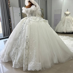 White Ball Gown Princess Wedding Dress Scoop Neck Short Sleeves Lace Sequined Luxury