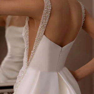 Luxury Empire Wedding Dress with Beaded Square Collar and Detachable Train