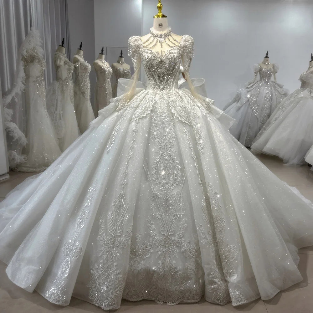 Gorgeous Princess Ball Gown Wedding Dress with Long Sleeves Custom Made