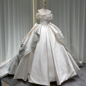 Short Sleeve Satin Ball Gown Wedding Dress with Beading and Lace-Up Back