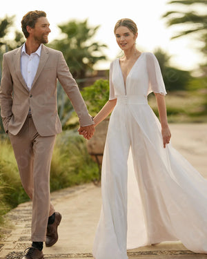 Customized White Two-Piece V Neck Wedding Dress with Half Sleeves 2024 Boho Jumpsuit