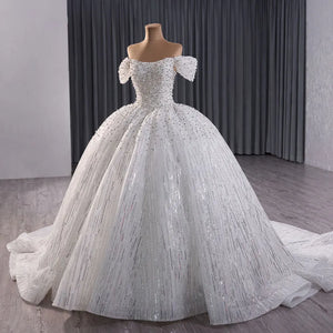 Custom Wedding Dresses Organza Ball Gown Boat Neck Cap Sleeve Beading