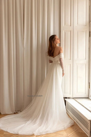 Sequined Off-Shoulder Mermaid Wedding Dress with Detachable Train