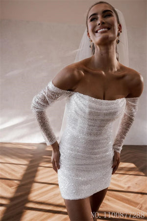 Simple Off Shoulder Sequins Glitter Wedding Dress See-through Short Mini Bridal Gown