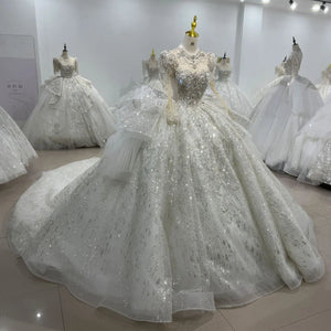 Newest Customized Ball Gown Wedding Dress with O Neckline Full Sleeves Beading Sequins