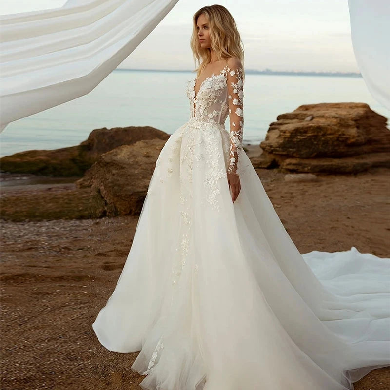 Bohemian V-Neck Mermaid Wedding Dress with Detachable Train