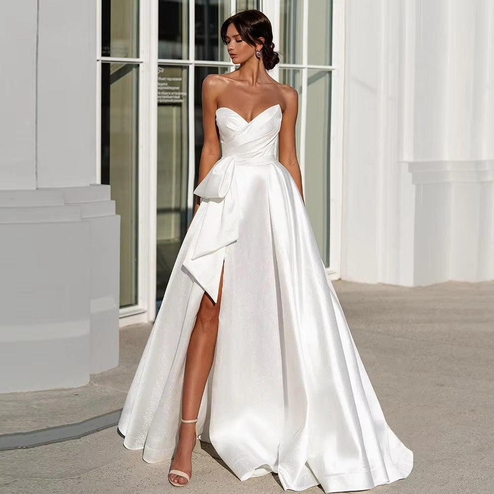 Pleated A-Line Wedding Dress with Slit Skirt Sweetheart Neck and Princess Silhouette