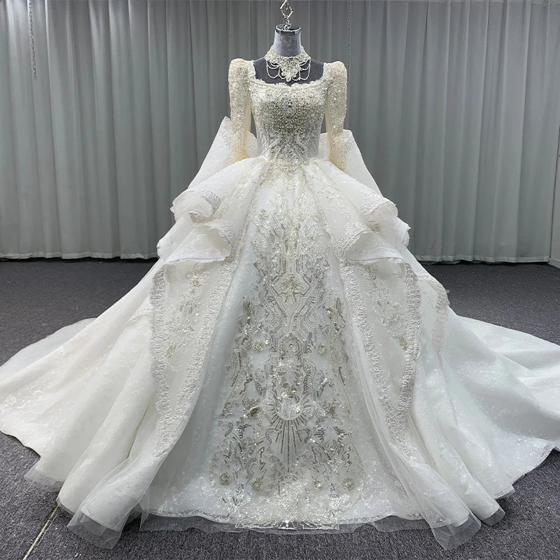 Superfine Romantic Wedding Dress Square Collar Full Sleeves Lace-Up Bow