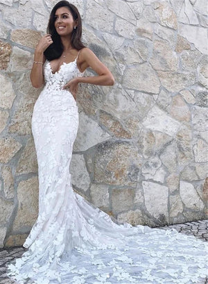 Boho Lace Appliqué Mermaid Wedding Dress with Spaghetti Straps and Backless Design