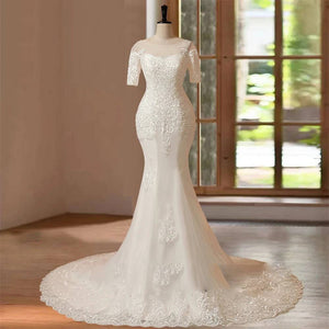 Customized Mermaid Wedding Dressand Hand Beading Short Sleeves Bridal Gown