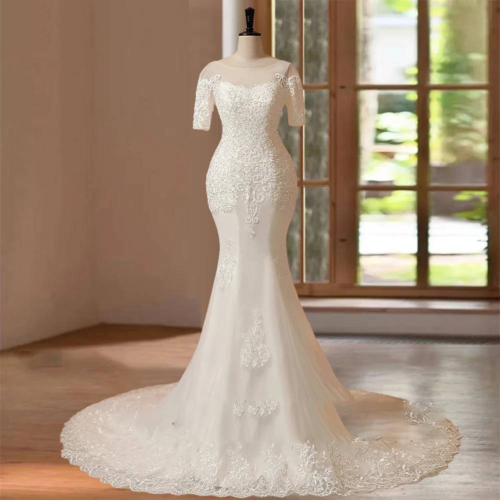 Customized Mermaid Wedding Dressand Hand Beading Short Sleeves Bridal Gown