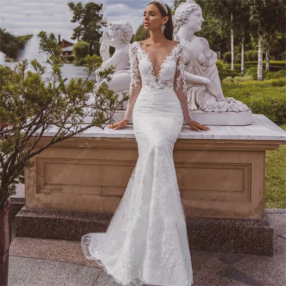 Sexy Custom Mermaid Wedding Dress with Deep V-Neck, Floral Lace, and Mopping Length