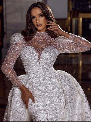 High Neck Sparkly Mermaid Wedding Dress with Pearls Floor Length Bridal Gown