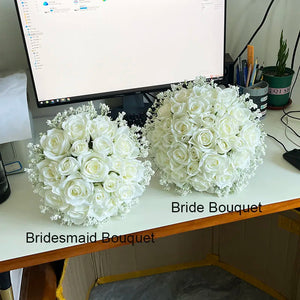 Artificial White Roses Baby's Breath Bouquet Bridesmaids Table Centrepiece Decor