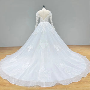 New Arrival O-Neck Long Sleeve Pearl Button Back Ball Gown Wedding Dress