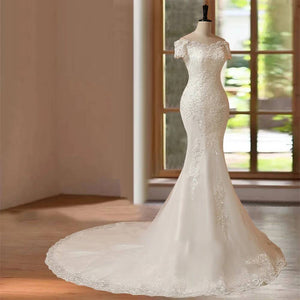 Customized Elegant Hand Beaded Mermaid Wedding Dress with Short Sleeves