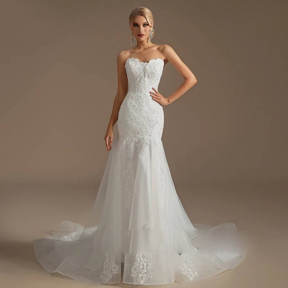 Elegant Mermaid Lace Wedding Dress with Train for Women Bridal Gown