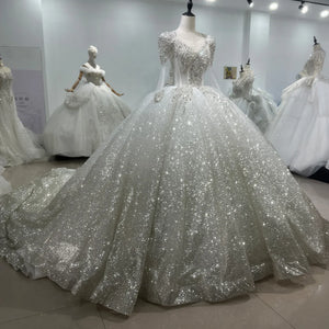 Pearl Wedding Dress 2024 Long Sleeve Ball Gown Backless Bridal Gown