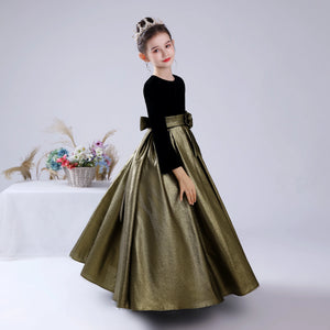 Flower Girls Dress Party Long Formal Pageant Gown Vintage Velvet Shining Satin Gown