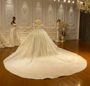 Customized Strapless Lace Appliqué Off-the-Shoulder Ball Gown Wedding Dress