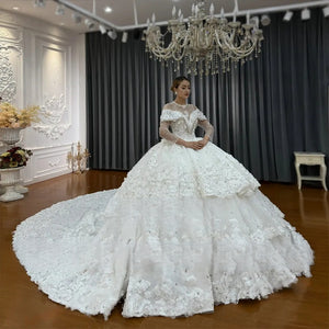 Customized Layered Skirt Ball Gown Wedding Dress with Lace Flowers