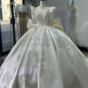 Satin Square Collar Short Sleeve Wedding Dress with Embroidery Beading and Bow